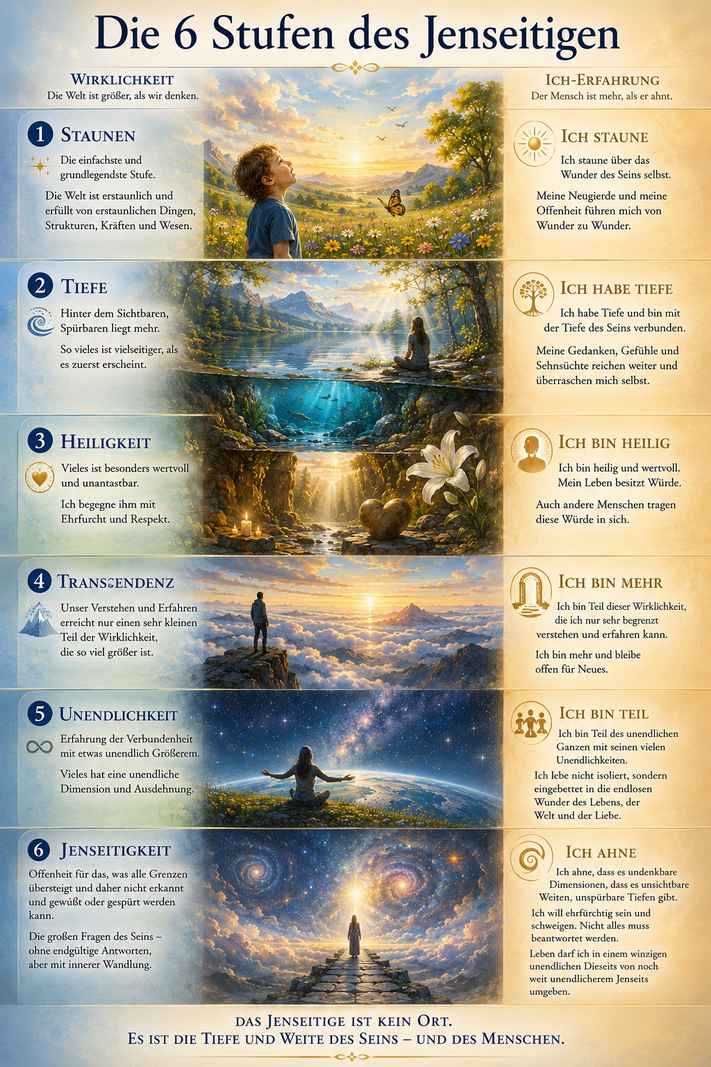 Die Bewusstseinsdimension des Jenseitigen umfasst: Stauen, Meditation, Ekstase, Unendlichkeit, Wunder, Unerklärliches, Mystik, Tiefe, Universum Die Bewusstseinsdimension des Jenseitigen umfasst: Stauen, Meditation, Ekstase, Unendlichkeit, Wunder, Unerklärliches, Mystik, Tiefe, Universum