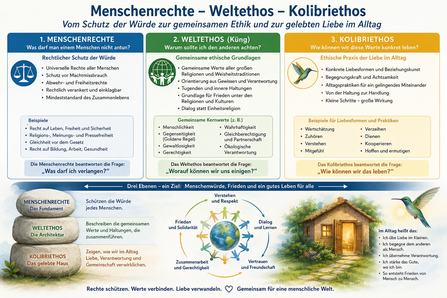 Menschenrechte als Basis, Weltethos als Vorbild, Kolibriethos als Alltagshilfe