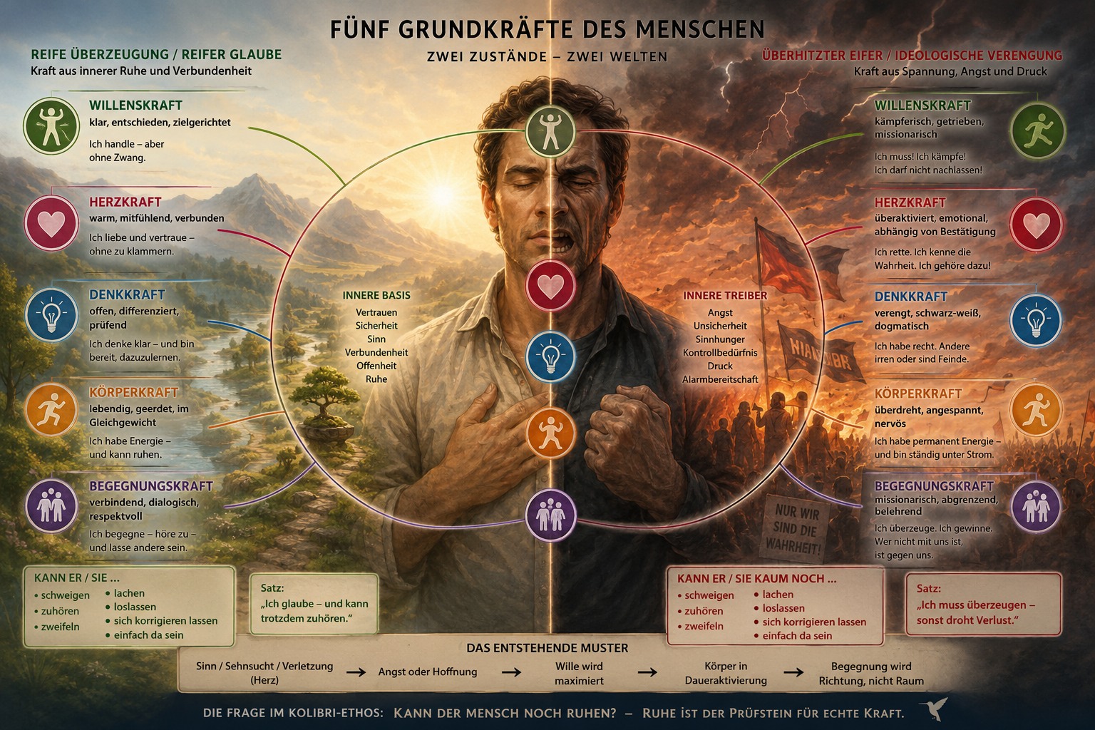 Die 5 Kräfte bezogen auf die innere Geisteshaltung und Überzeugungen: Muss ich kämpfen und missionieren oder kann ich zuhören und akzeptieren