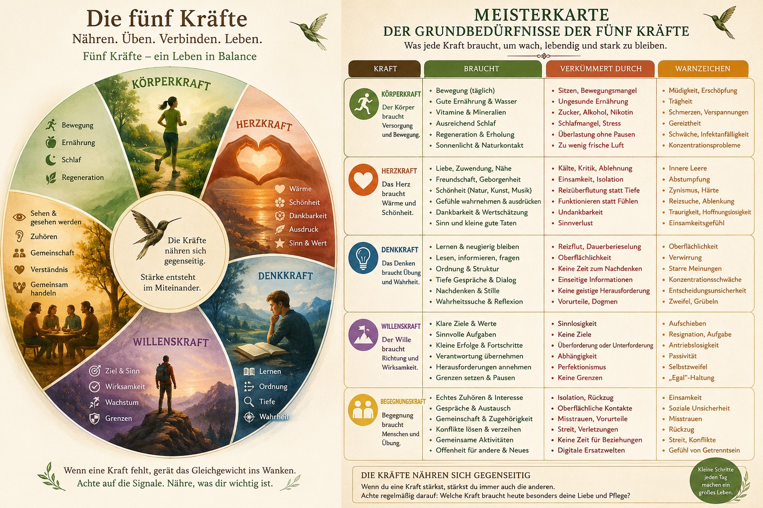 Die 5 Kräfte (Körperkraft, Herzkraft, Denkkraft, Willenskraft, Begegnungskraft) wirken zusammen in uns