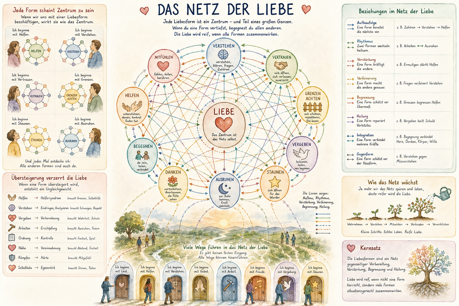 Liebesformen als Netz mit vielen zentralen und eng verbundenen Formen