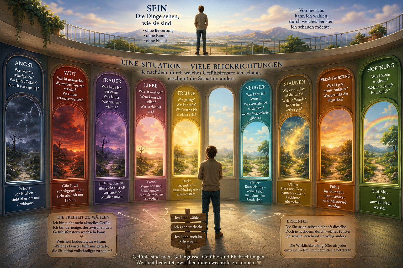 10 Gefühlsfenster, aus denen unsere Seele blicken kann auf uns und die Welt - wichtig ist es sie zu wechseln und nicht zu verharren!