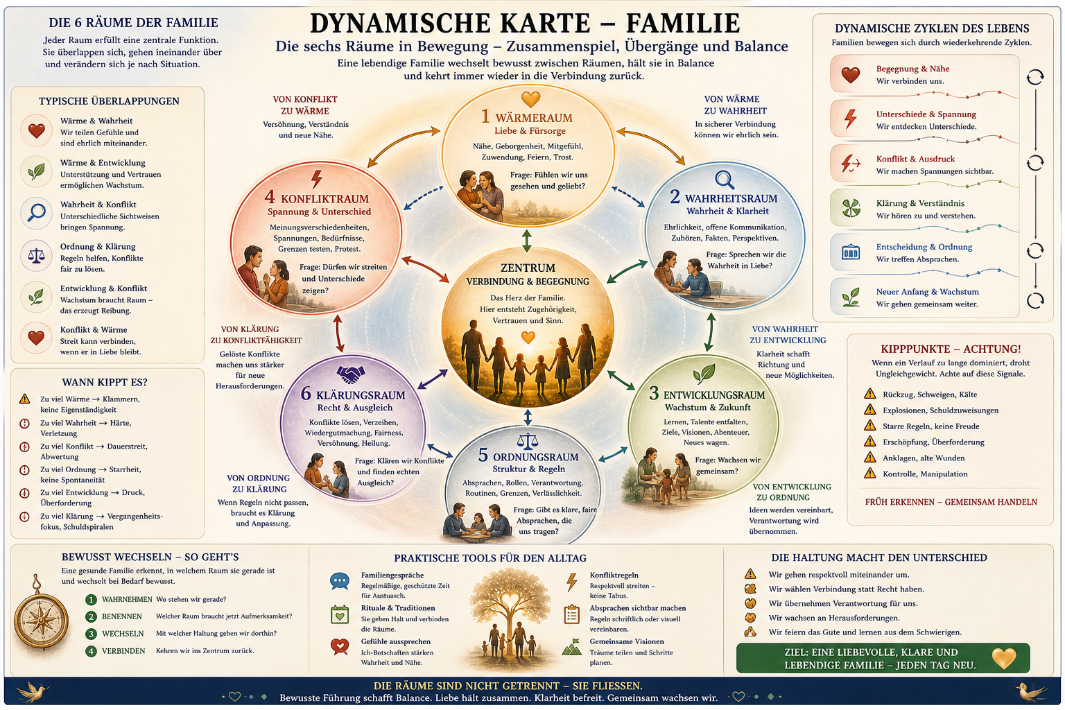 Die 6 inneren Räume bezogen auf eine ganze Familie (Raum der Wärme, der Ordnung, der Begegnung, der Gestaltung und Verwirklichung, der Bildung und Wahrheit, der Klärungen und Grenzen)